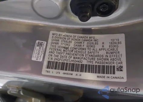 2020 Honda Civic Lx from USA, damaged, VIN 2HGFC2F67LH524482
